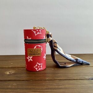 Red Floral Cylinder Keychain Pouch with Scarf Accent